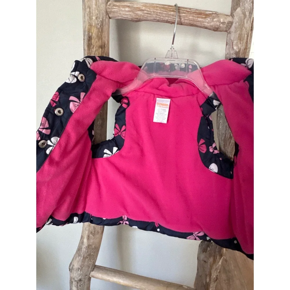 Gymboree girls'‎ hooded puffer vest blue pink bows pink fleece lining 12-24 mths